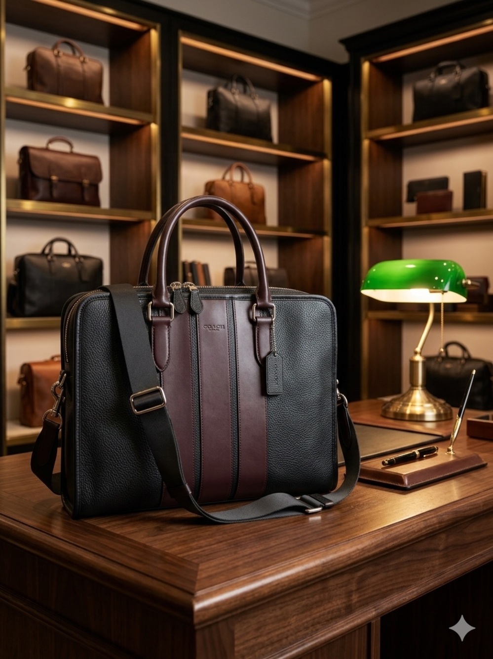 Coach Bond Briefcase - Pebble Leather in Black with Oxblood Stripe EUC